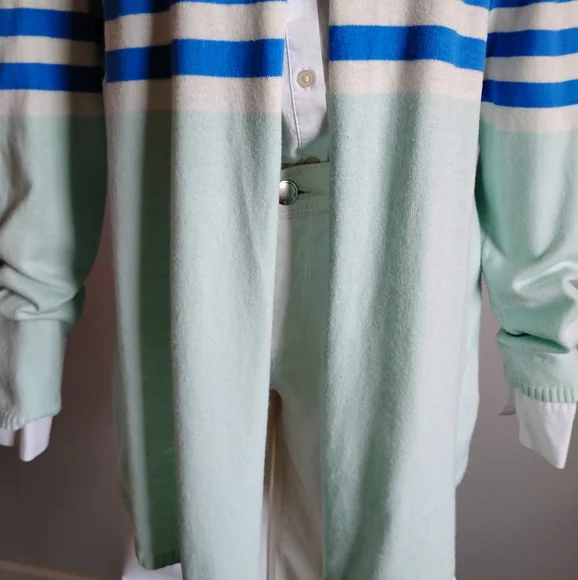 Talbots Cotton Cashmere Open Cardigan Stripe Blue Aqua Classic Size Large - Picture 4 of 15